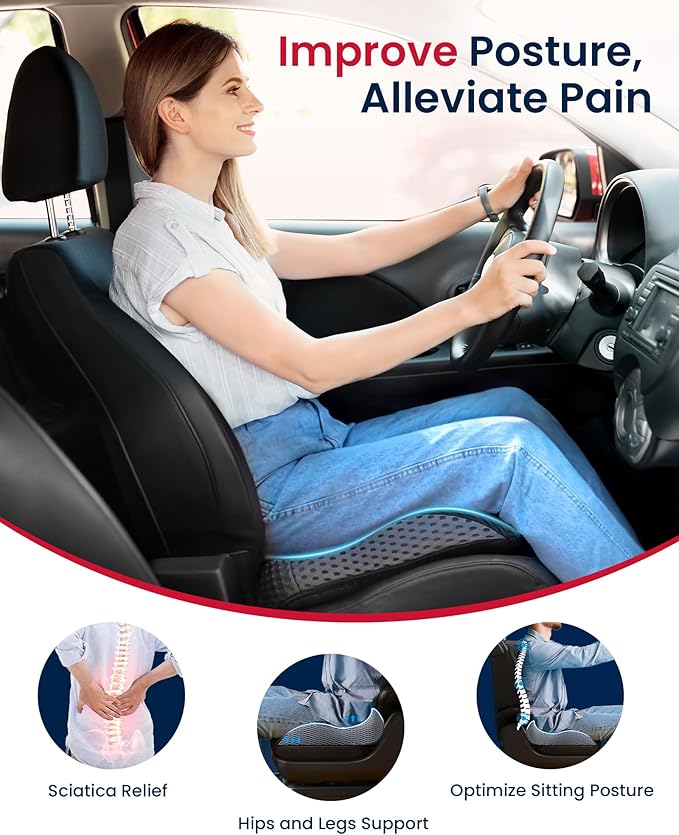 Gel Wedge Car Seat Cushion for Driving Relieves Tailbone Pain, Composite Gel Memory Foam for Cool & Support Comfort, Ergonomic Car Seat Pillow, Elevated Back for Wider Vision, Anti-Slip Design
