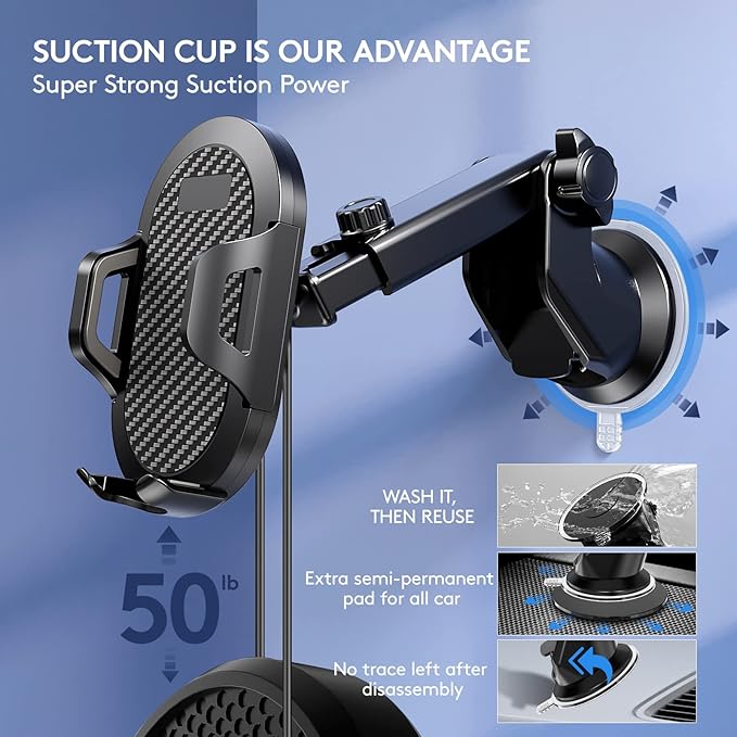 Car Phone Holder Mount, [Strong Suction Cup] [Military Grade Durable] for Windshield and Dashboard, Adjustable Long Arm Compatible with iPhone 16 15 14 Pro Max and All Smartphones (Grey)