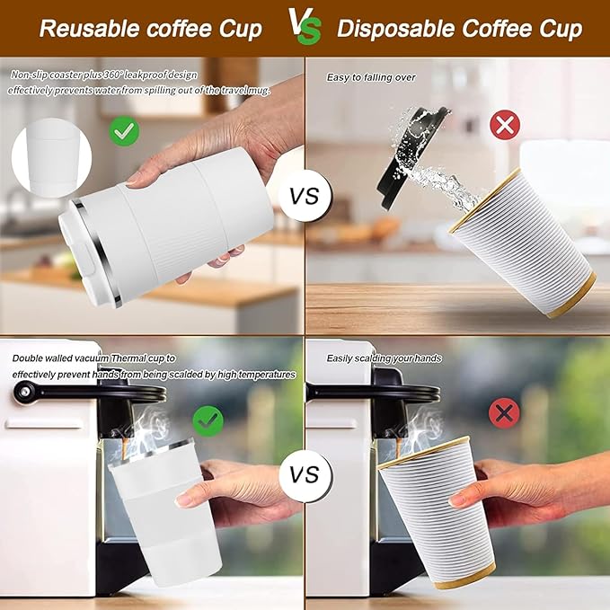 YINBAOGE Insulated Travel Coffee Mug, Spill & Leak Proof, Portable To Go Camping Stainless Steel Coffee Tumbler, Reusable Thermal Coffee Cup with Lid for Hot & Cold Drinks (White, 17 OZ)