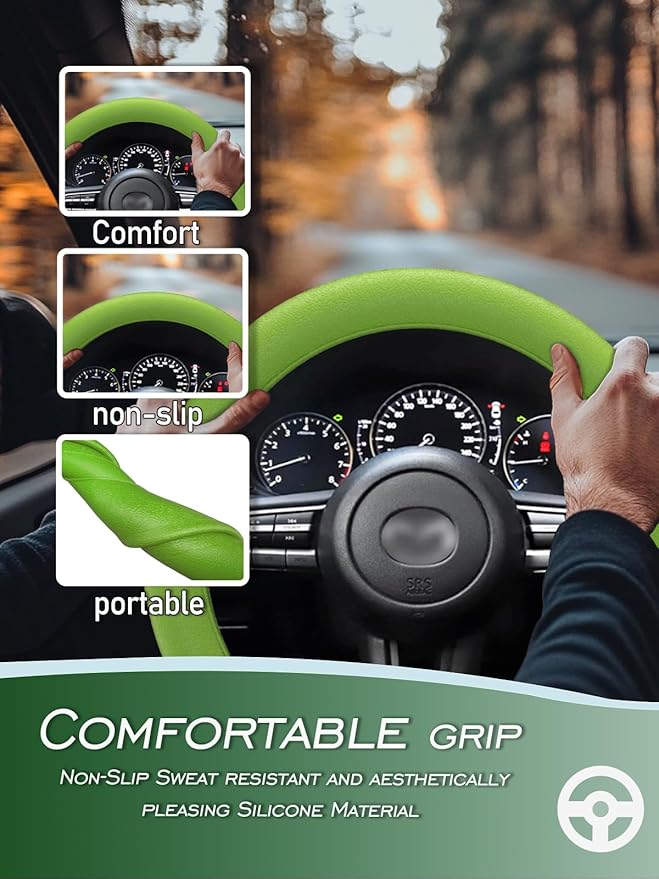 LRITER Car Steering Wheel Cover, Non-Slip Silicone Material, Multiple Color Choices, Universal Auto Parts Steering Wheel Cover, Suitable for Most Cars (Green)