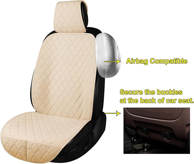 2PCS Linen Front Seat Covers for Cars Sideless Seat Covers Breathable Cloth Fabric Car Seat Protector Universal Fit Most Automotive, SUV, Trucks, Van(Beige)