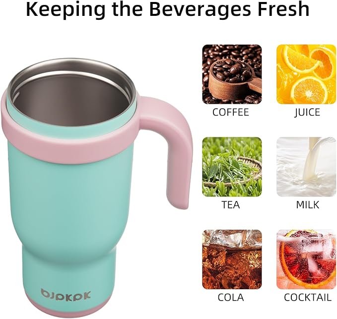 BJPKPK 14 OZ Insulated Travel Tumbler with Handle and Straw, Stainless Steel Water Bottle, Double Wall Vacuum Insulated Mug, for Work, Car, Travel, Guava