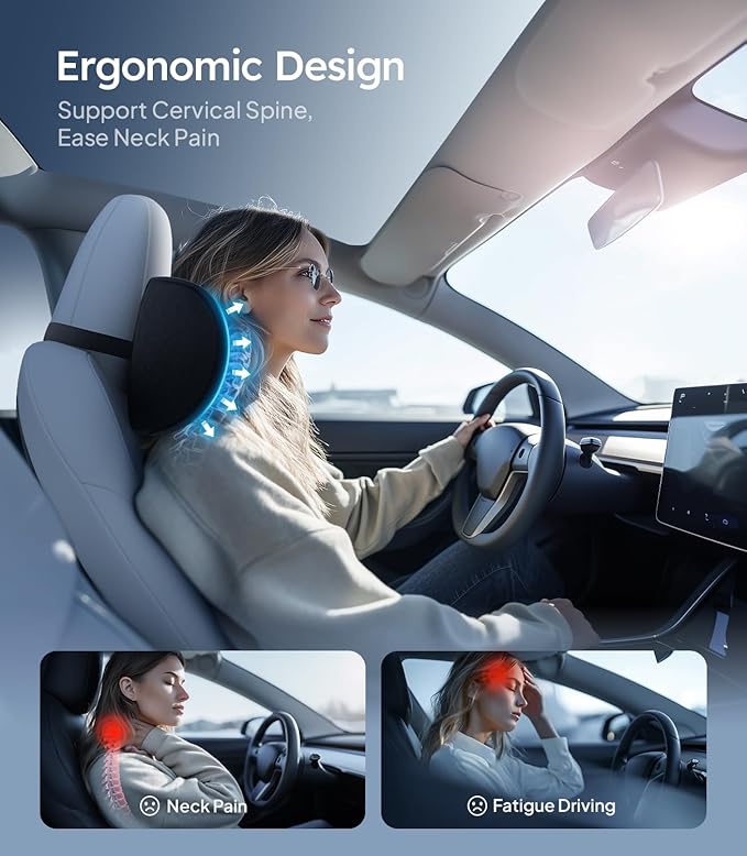 Wigoo 2025 Upgrade Car Neck Pillow [No More Pressure, Odorless] Soft Car Headrest Pillow with Adjustable Strap Removable Cover 100% Memory Foam, Fits All Vehicles (Black 2-Pack)