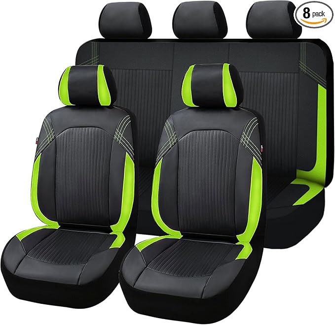 Flying Banner Synthetic Leather car seat Covers Full Set Front and Rear Bench Fashion Easy Installation Cup Holder Free (Black & Green, Low Bucket - Full Set)