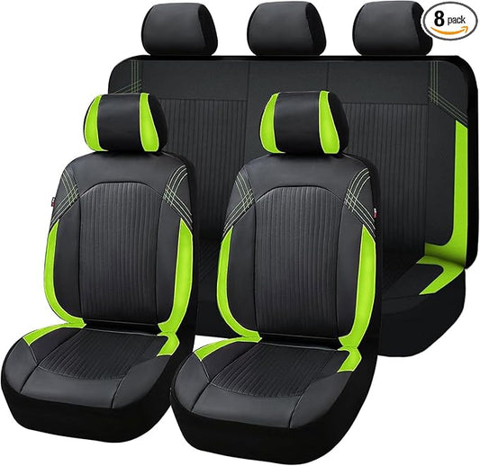 Flying Banner Synthetic Leather car seat Covers Full Set Front and Rear Bench Fashion Easy Installation Cup Holder Free (Black & Green, Low Bucket - Full Set)