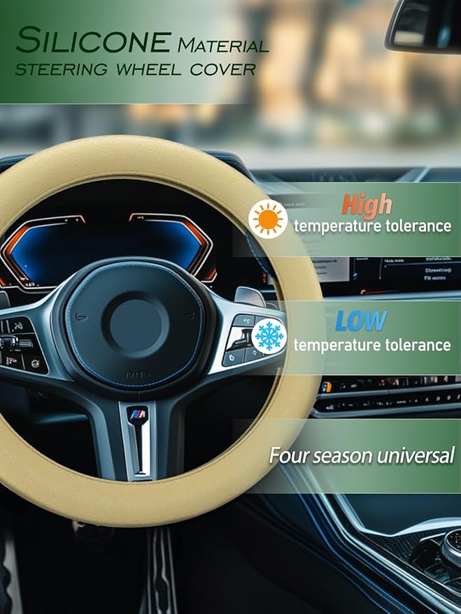 LRITER Car Steering Wheel Cover, Non-Slip Silicone Material, Multiple Color Choices, Universal Auto Parts Steering Wheel Cover, Suitable for Most Cars (Champagne)