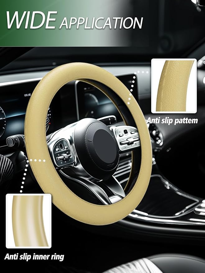 LRITER Car Steering Wheel Cover, Non-Slip Silicone Material, Multiple Color Choices, Universal Auto Parts Steering Wheel Cover, Suitable for Most Cars (Champagne)