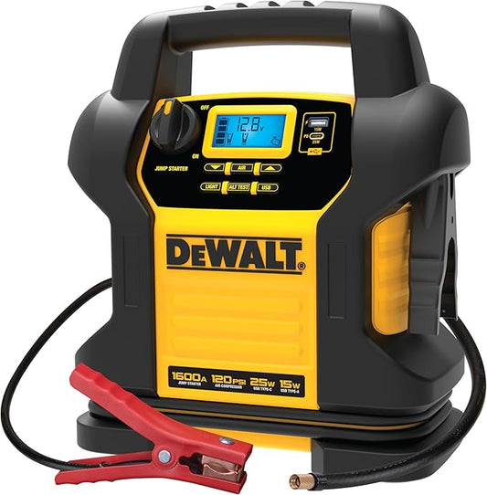 DEWALT DXAEJ14 Digital Portable Power Station Jump Starter - 1600 Peak Amps with 120 PSI Compressor, AC Charging Cube, 15W USB-A and 25W USB-C Power for Electronic Devices