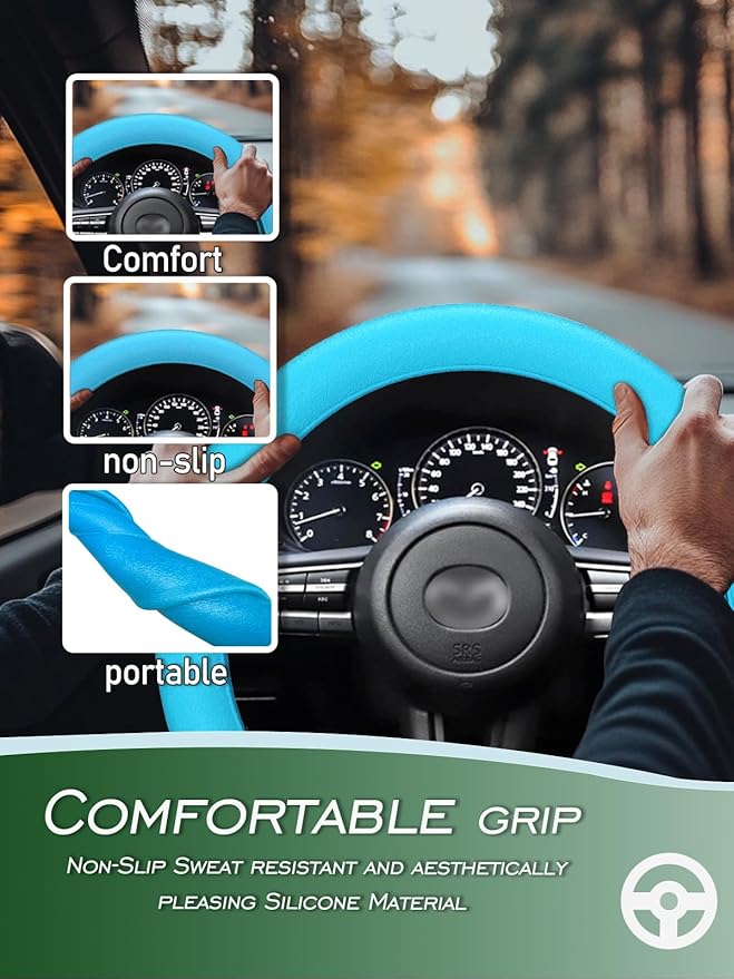 LRITER Car Steering Wheel Cover, Non-Slip Silicone Material, Multiple Color Choices, Universal Auto Parts Steering Wheel Cover, Suitable for Most Cars (Light Blue)