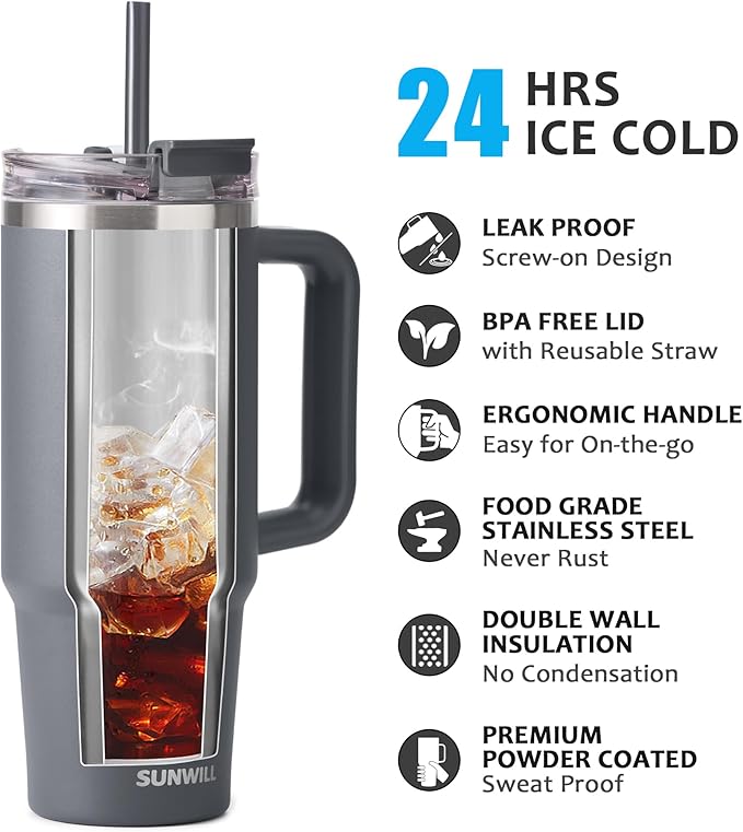 SUNWILL Travel Coffee Mug with Lid, 30 oz Tumbler with Handle and Straw Leak Proof, Stainless Steel Cup Insulated for Office & Camping, Cupholder Friendly, Powder Coated Charcoal