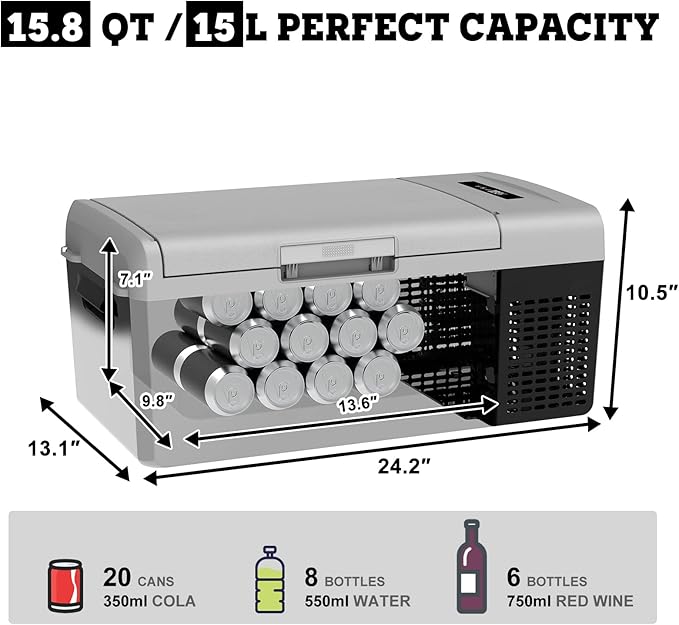 Setpower FC15 Portable Refrigerator Electric Cooler With AC Adapter,15L/15.8QT 12 Volt Car Refrigerator, -4℉-68℉ Portable Fridge Freezer for Car,RV, Truck,Camping,Travel, Home