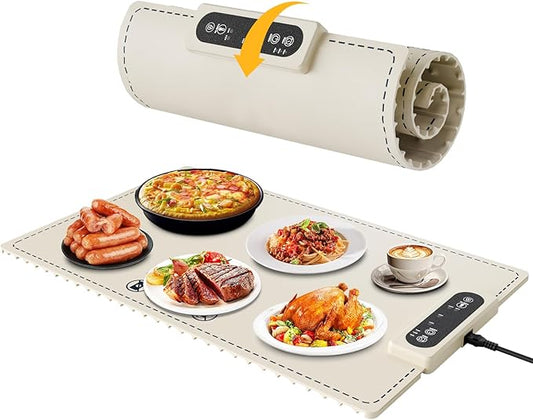 Negative ion Food Warming Mat with Adjustable Temperature,Foldable Electric Warming Tray for Parties Features 3 Modes & Fast Heating,Roll Up Food Warmer for Parties,Shabbat,Christmas （White）