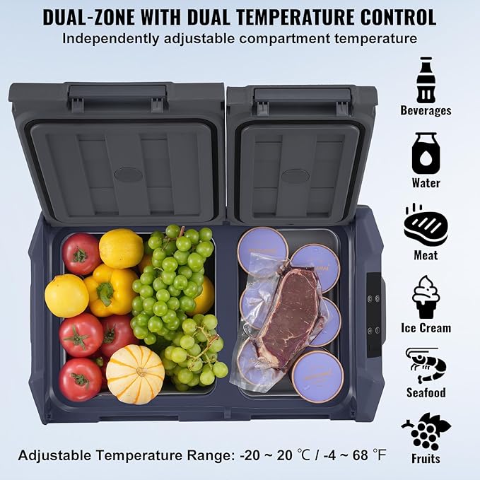 VEVOR Car Refrigerator, 12 Volt Car Refrigerator Fridge, 40 L Dual Zone Portable Freezer, -4℉-68℉ Adjustable Range, 12/24V DC and 100-240V AC Compressor Cooler for Outdoor, Camping, RV