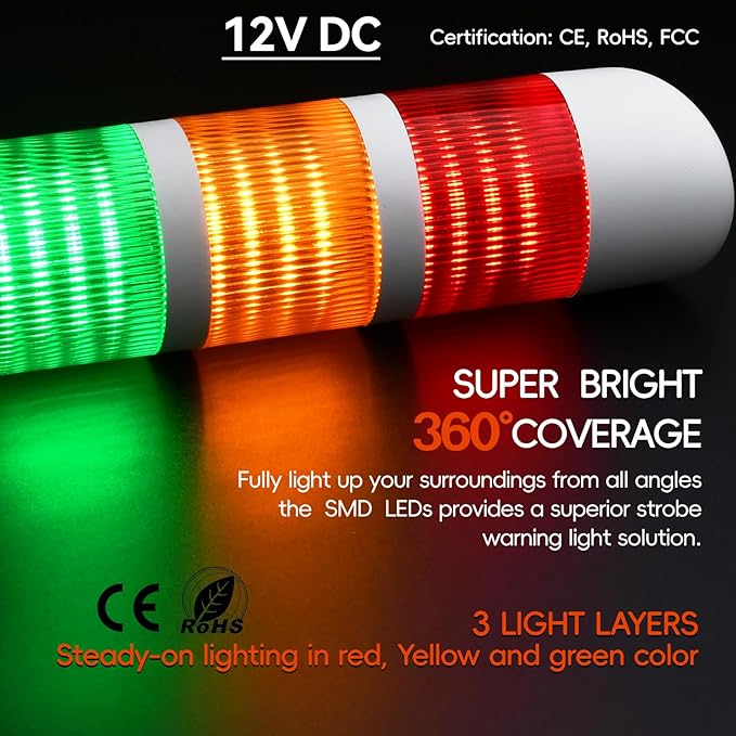 12V Signal Tower Stack Lights 3-Layer Led Industrial Warning Lights, Column Tower Lamp with Rotatable Base Steady 12V DC/AC with Buzzer