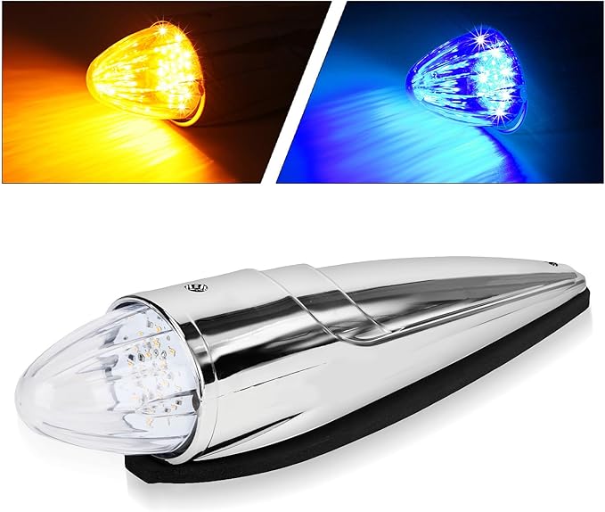 1PC 21 LED Dual Color Chrome Cab Marker Light, Torpedo Cab Marker Roof Running Top Lights, Replacement for Heavy Duty Trucks Kenworth Freightliner Peterbilt International Mack, Amber/Blue