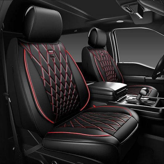 CAR PASS Luxury PU Leather Two Front Car Seat Covers, Waterproof Seat Covers Compatible with Front Seat Armrests, Airbag Compatible Anti- Slip Universal Fit for Cars Suvs Vans Trucks Black Red