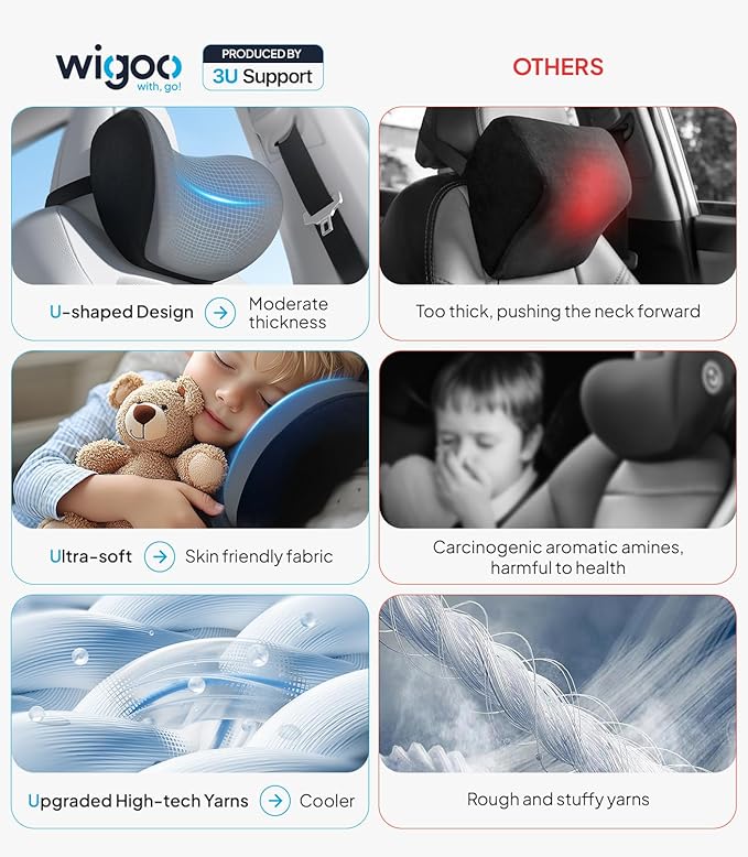 Wigoo 2025 Upgrade Car Neck Pillow [No More Pressure, Odorless] Soft Car Headrest Pillow with Adjustable Strap Removable Cover 100% Memory Foam, Fits All Vehicles (Gray 2-Pack)
