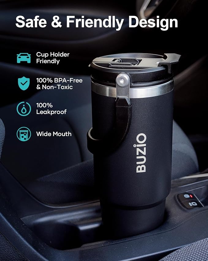 BUZIO 40 oz Tumbler with Handle, Insulated Tumbler with 2-in-1 Lid and Straw, Stainless Steel Vacuum Insulated Iced Coffee Tumbler Cup, Spill-Proof Travel Mug Thermal Cup for Hot and Cold Drinks