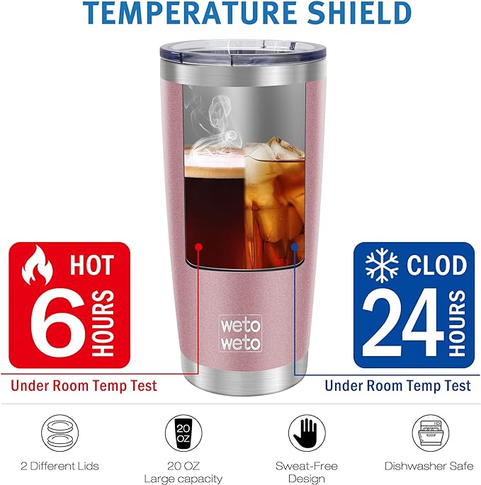WETOWETO 20oz Insulated Stainless Steel Tumbler, Double Wall Vacuum Travel Coffee Mug, Powder Coated Tumbler Cup (Rose Gold,1)