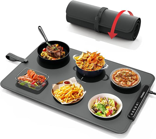 Warming Mat for Food, iTRUSOU Electric Warming Tray with 1–99H Timer, 7 Temp Settings, Patented Full-Surface Heating, °F/°C Switch, Flexible Roll-Up Food Warmers for Parties Buffet, Everyday Use