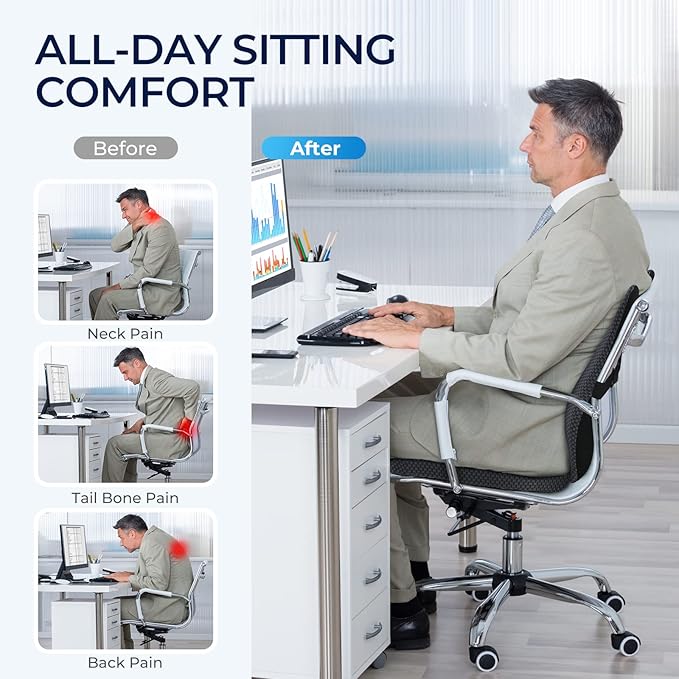 Seat Cushion & Lumbar Support Pillow: Memory Foam Chair Pad Back Cushion for Office Chair Car Seat Wheelchair Travel, Reduce Tailbone Pressure and Improve Comfort, Orthopedic Sciatica Hip Pain Relief
