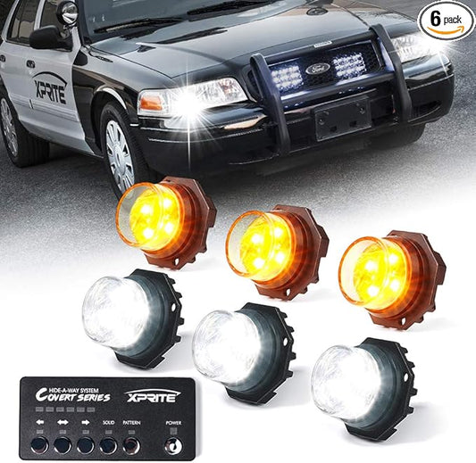 Xprite White Amber LED Hideaway Strobe Lights Kit 20 Flashing Patterns w/Control Panel Headlights Taillights Fog Marker Light Mounting, for Construction Emergency Vehicles Trucks SUV Vans Cars 6 PCs