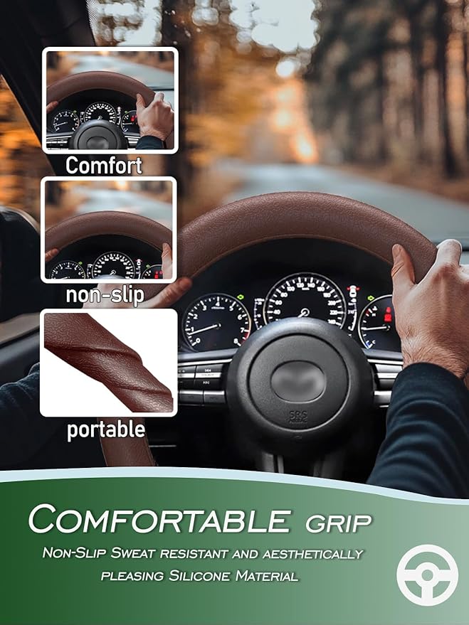 LRITER Car Steering Wheel Cover, Non-Slip Silicone Material, Multiple Color Choices, Universal Auto Parts Steering Wheel Cover, Suitable for Most Cars (Coffee)