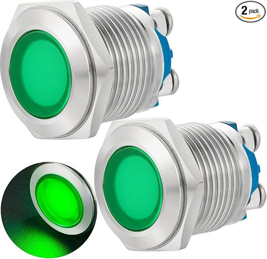 (2 Pcs) Signal Light 16mm 5/8" Indicator Light LED 12V/24V DC/AC Pilot Lamp Waterproof IP67 Metal Stainless Steel 304 Screw Pin