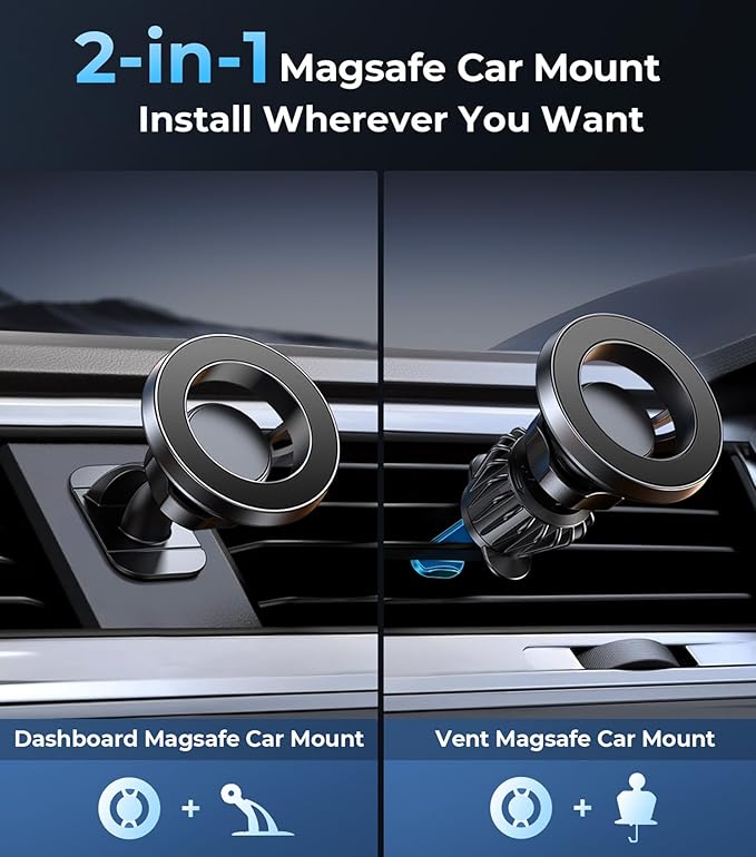【20X Official Certified Magnets 】for MagSafe Car Mount, 2in1 Dashboard Air Vent Phone Holder, Strong Adhesive, Heat Resistant, 360° Rotation, Fits for iPhone 16, Best Travel Accessories for Men&Women