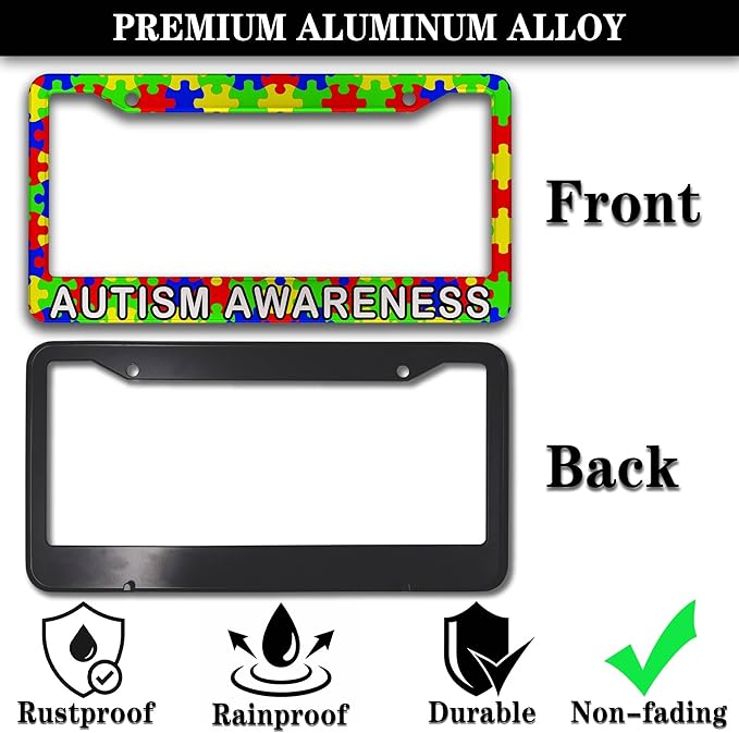 Custom License Plate Frame Multicolor License Plate Frames Autism Awareness Puzzle Universal Aluminum Car Accessory 2 Pack with Screw Covers Set