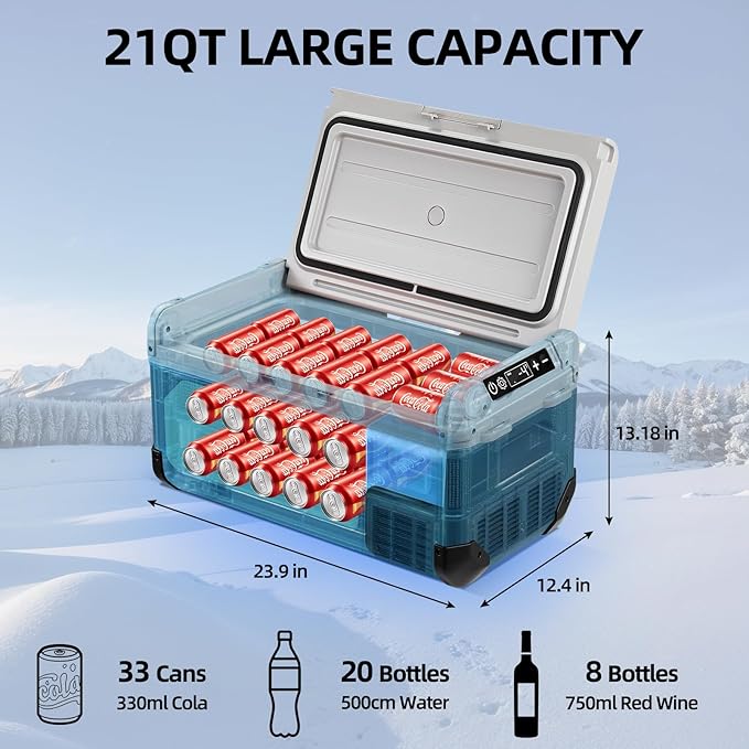 12V Car Refrigerator,21QT Portable Fridge Freezer with Blow Expansion Evaporator,-4℉~68℉ 12/24V DC & 120-240V AC Freezer Cooler for Truck RV SUV Camping Travel，Reversible Door