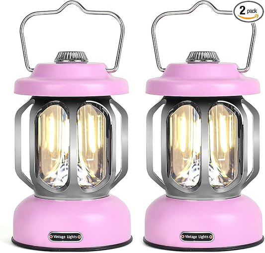 Rechargeable LED Camping Lanterns, Vintage Camping Lights Battery Operated, Portable Retro Metal Glamping Lights for Hiking, Hurricane, Decoration, Power outages, Pink, 2 Pack