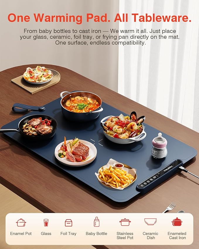 Warming Mat for Food, iTRUSOU Electric Warming Tray with 1–99H Timer, 7 Temp Settings, Patented Full-Surface Heating, °F/°C Switch, Flexible Roll-Up Food Warmers for Parties Buffet, Everyday Use