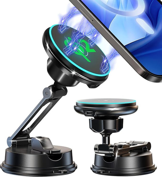 【Vacuum Suction Folding Car Mount】 Certified Qi2 Charger for MagSafe, 360° Adjustable Aluminum Alloy Arm, Phone Holder for Tesla/Car Rental/Gym/Mirror/Shower/Smooth Surface iPhone 16/15 Pro Max