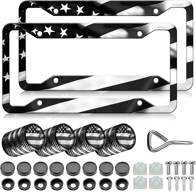 Black American Flag License Plate Frames - 2 Pack Patriotic Matte Gloss Stars Stripe US Flag Stainless Steel Metal Car Tag Frame Holder Covers with 4 Fluttering Flag Valve Stem Caps, Screws Fasteners