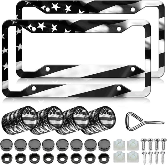 Black American Flag License Plate Frames - 2 Pack Patriotic Matte Gloss Stars Stripe US Flag Stainless Steel Metal Car Tag Frame Holder Covers with 4 Fluttering Flag Valve Stem Caps, Screws Fasteners