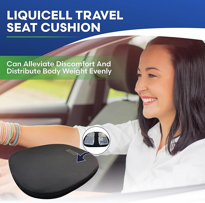 Travel Seat Cushion with LiquiCell Technology – Thin Orthopedic Butt Pillow for Sciatica, Tailbone, Coccyx & Back Pain – Seat Pad for Car Driving, Truck, Wheelchair, Airplane, Office, Home Use