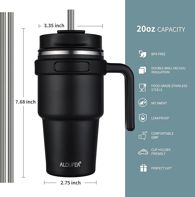 ALOUFEA 20 oz Insulated Coffee Mug Tumbler with Handle, Stainless Steel Travel Mug Tumbler with Lid and Straw,Double Wall Vacuum Leak Proof Ice Coffee Thermal Cup, Black and Navy