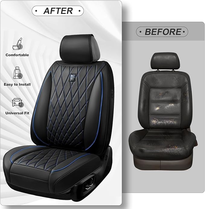 CAR PASS Luxury PU Leather Two Front Car Seat Covers, Waterproof Seat Covers Compatible with Front Seat Armrests, Airbag Compatible Anti- Slip Universal Fit for Cars Suvs Vans Trucks Black Blue