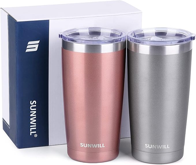 SUNWILL Travel Coffee Mug Set of 2, 20 oz Tumbler with Lid, Insulated Stainless Steel Cup for Water, Tea, Ice, Rose Gold & Cool Grey