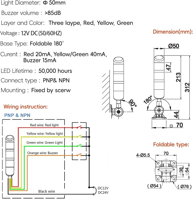 12V Signal Tower Stack Lights 3-Layer Led Industrial Warning Lights, Column Tower Lamp with Rotatable Base Steady 12V DC/AC with Buzzer