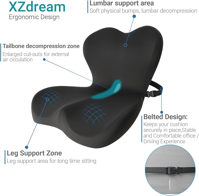 Memory Foam Seat Cushion,Office Chair Cushion with Lumbar Support for Back Pressure Relief, Car Seat Cushion with Adjustable Strap,Sciatica Pad Cushions for Car,Truck, Desk (C-Black)