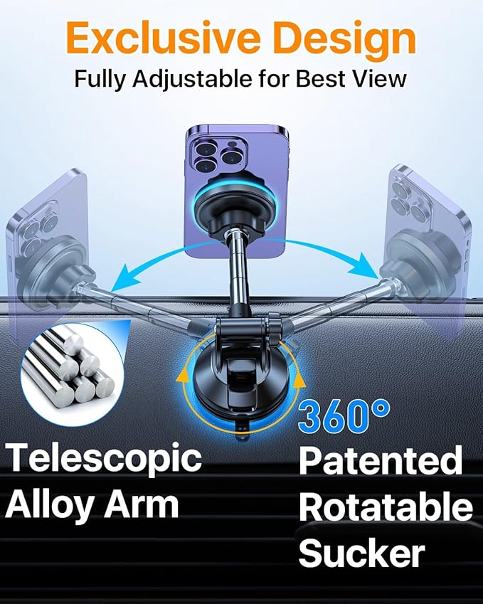 YRU [2025 Upgraded] Magnetic Phone Holder for Car【Patented & Super Magnet】 for MagSafe Car Mount Dashboard Magnet Phone Holder Windshield Phone Stand for iPhone 16 15 14 13 12 Pro Max Samsung, Black