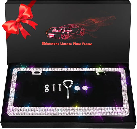 Bling License Plate Frame - Stainless Steel Colorful Rhinestones Car Accessories with 1200 Crystals, Universal Fit Decorative Diamond Plate Covers for Women Men All Cars