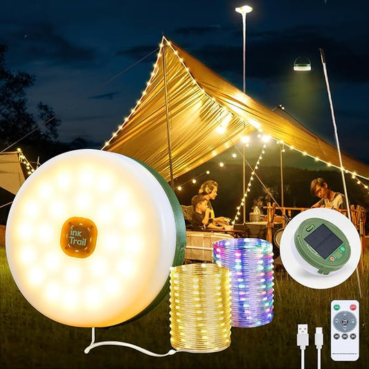 Solar Camping String Lights, Retractable Waterproof 33FT LED Camp Light with 13 Light Modes, Rechargeable 3000mAh Battery Powered Fairy Lights with Remote for Outdoor, Tent, RV, Patio, Awning, Party