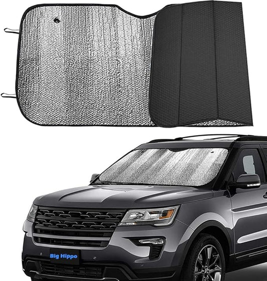 Big Hippo Front Car Sun Shade Windshield, Jumbo/Standard Sunshade Keeps Vehicle Cool UV Ray Sun Visor Protector Sunshades - Easy to Use Folding Sun Shade - Silver/Black Sides(Size: 55.16 X 27.5inch)