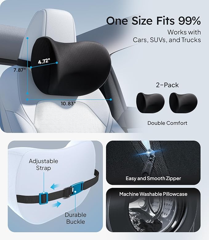 Wigoo 2025 Upgrade Car Neck Pillow [No More Pressure, Odorless] Soft Car Headrest Pillow with Adjustable Strap Removable Cover 100% Memory Foam, Fits All Vehicles (Black 2-Pack)