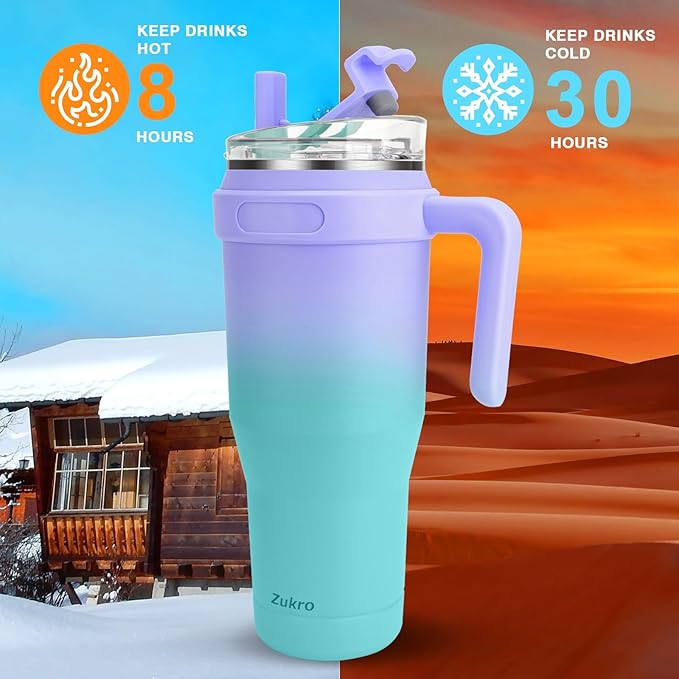 Zukro 50 oz Tumbler With Handle And Straw, Leak-proof Closable Flip Straw Lid, Insulated Stainless Steel Water Bottle for Hot & Cold Drinks, Large Travel Mug Fit in Cup Holder, Dishwasher Safe