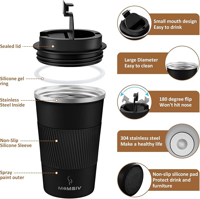 MOMSIV 12oz Travel Mug, Insulated Coffee Cup with Leakproof Lid, Vacuum Stainless Steel Double Walled Reusable Tumbler for Hot and Cold Water Coffee and Tea In Travel and Car (Black - 380ml)