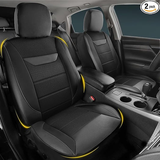 kingphenix 2 Pack Front Memory Foam Leather Car Seat Covers, Breathable 4D Mesh, Easy Install Automotive Seat Protectors, Airbag Compatible, Universal Fit for Cars, Trucks, Vans, SUV - Black